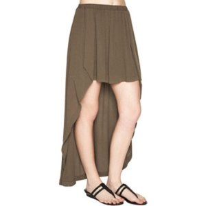 New BCBG high rise khaki pleated high-low crepe bohemian mini midi maxi skirt